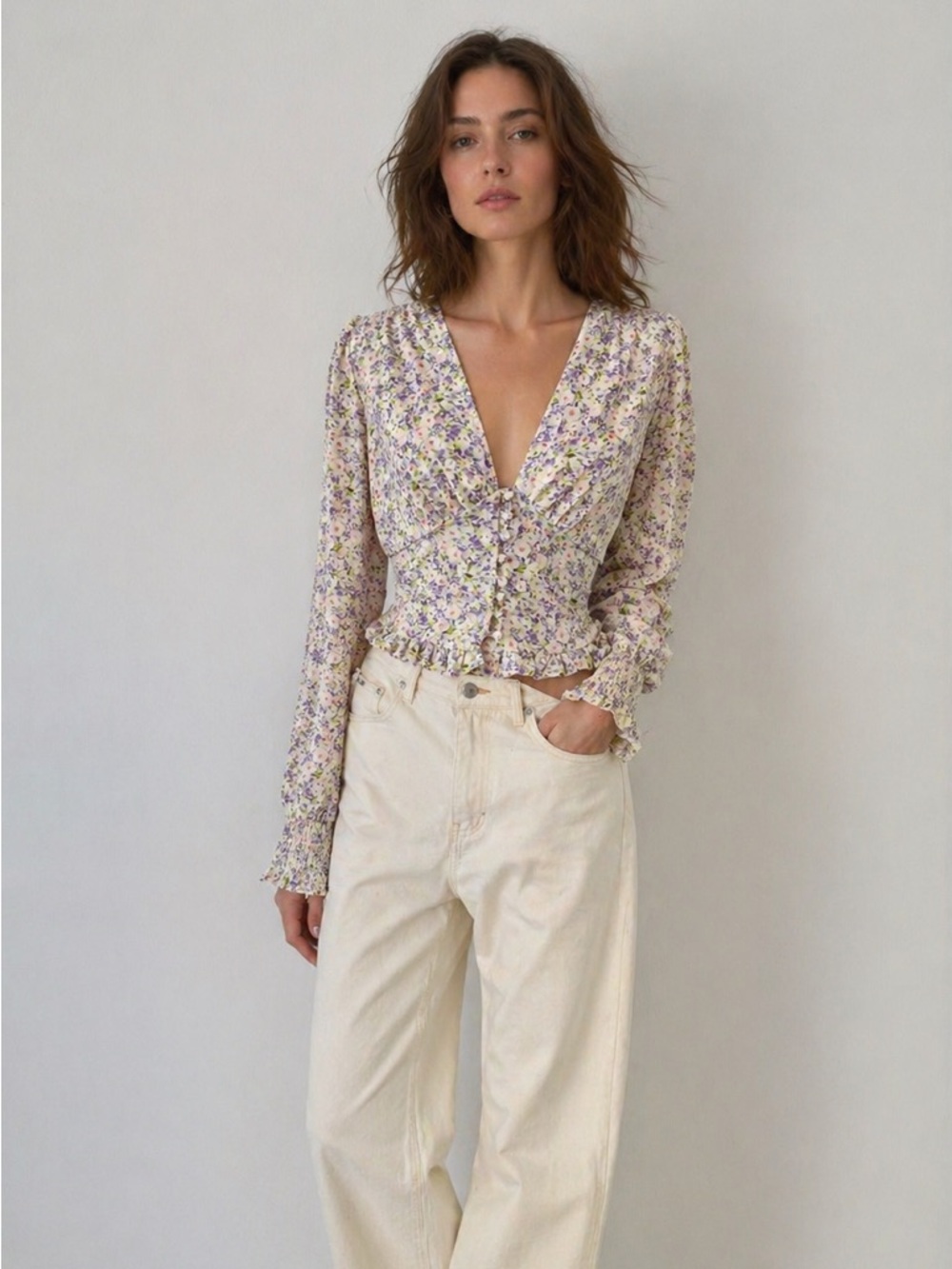 Heartloom Floral Corset-Style Blouse Smocked Waist Button Front Size S - Picture 2 of 9